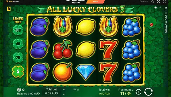 free spins at ricky casino on all lucky clovers 5 online slot game