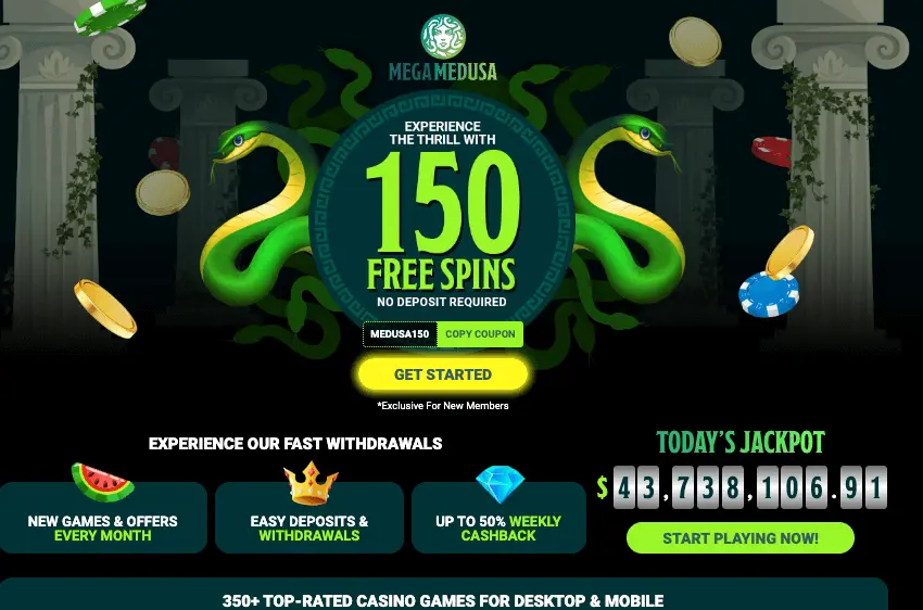 Mega Medusa Casino no deposit bonus - 150 free spins