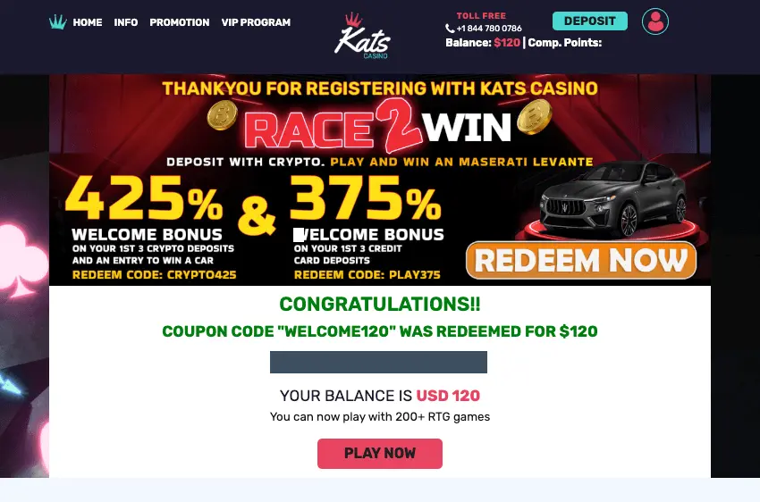 Kats Casino no deposit bonus credited 