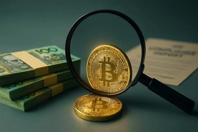 Photo-realistic image of a Bitcoin coin under a magnifying glass beside stacks of Australian hundred-dollar notes and a blurred compliance report, symbolising AUSTRAC’s scrutiny of crypto transactions.