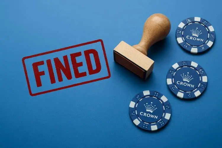 Red “FINED” stamp beside casino chips featuring a Crown-style logo on a blue background.