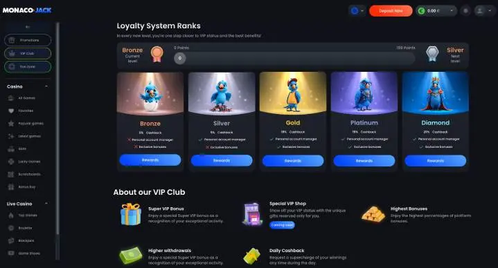 MonacoJack Casino loyalty screenshot