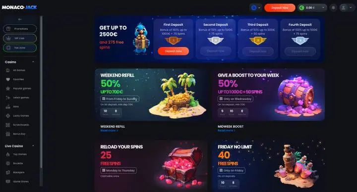 MonacoJack Casino online promotions screenshot