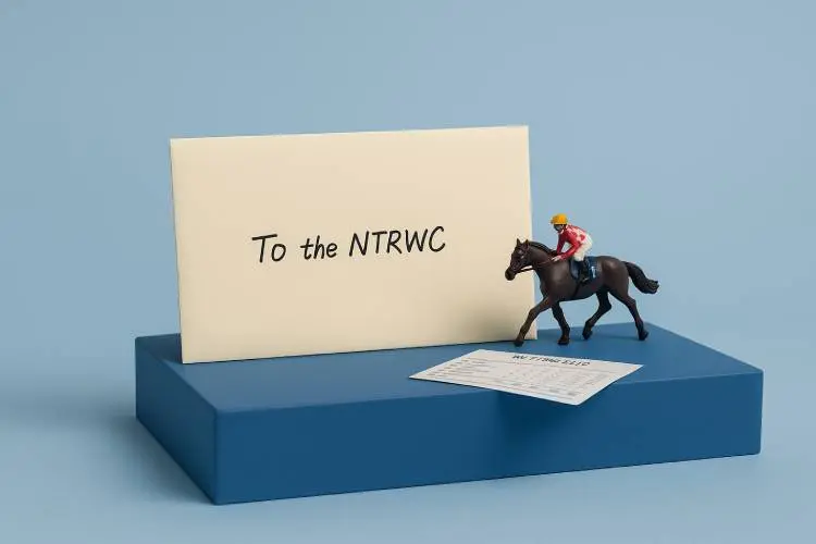 A cream-coloured envelope handwritten “To the NTRWC” displayed on a blue podium, with a toy racehorse and a betting slip beside it against a light blue studio background.
