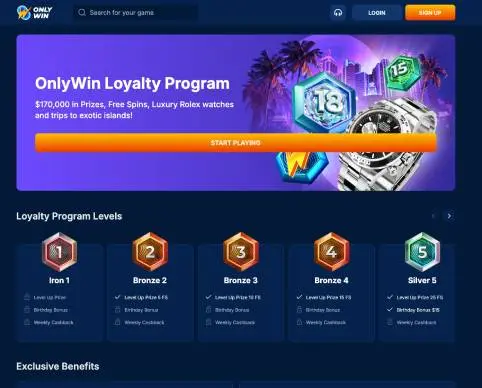 OnlyWin Casino loyalty programme screenshot