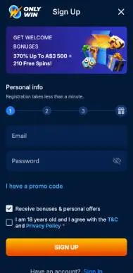 OnlyWin Casino registration screenshot