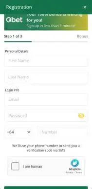 Qbet Casino registration screenshot