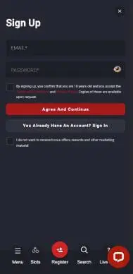 Riviera Casino signup screenshot