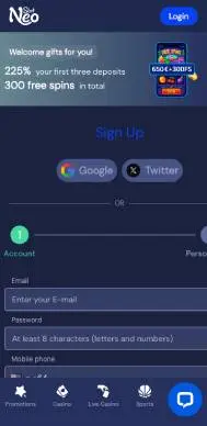 SlotNeo Casino signup screenshot