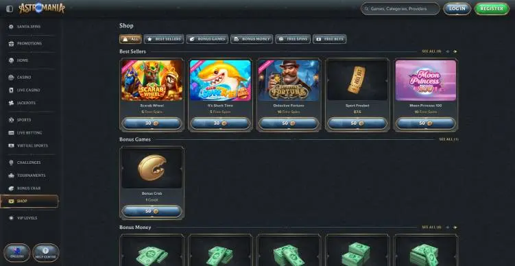 Astromania Casino bonus shop screenshot