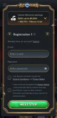 Astromania Casino registration screenshot