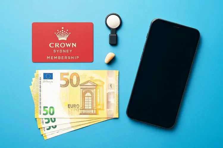 A photo of of items linked to alleged Australian casino fraud, including a Crown Sydney membership card, covert earpiece, mirror device, smartphone, and a stack of euro banknotes.