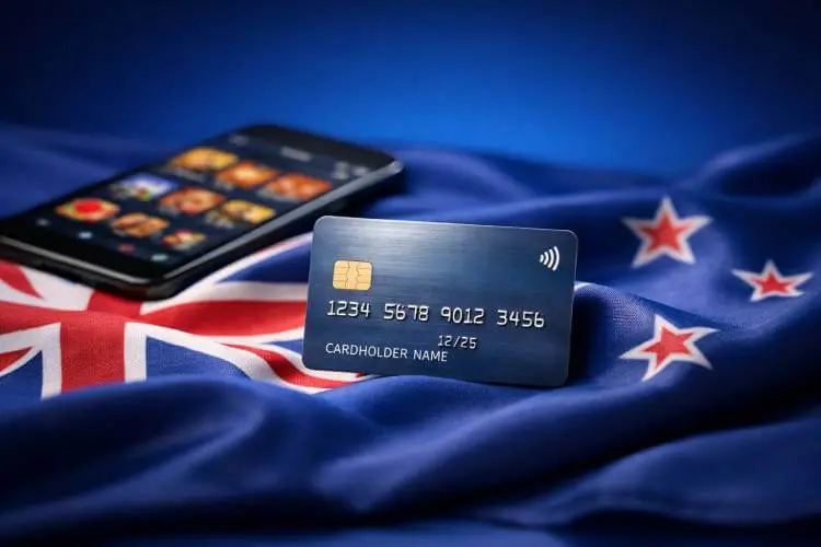 Credit card in focus on a New Zealand flag with a mobile casino screen blurred in the background, illustrating the planned ban on credit card deposits at online casinos