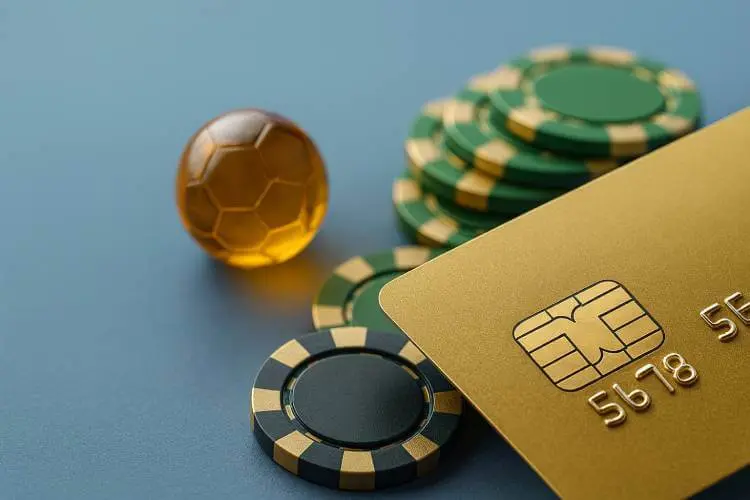 Close-up sports betting scene with credit card, mini sports balls, and chips on a blue background, representing Australia’s credit-card gambling ban.