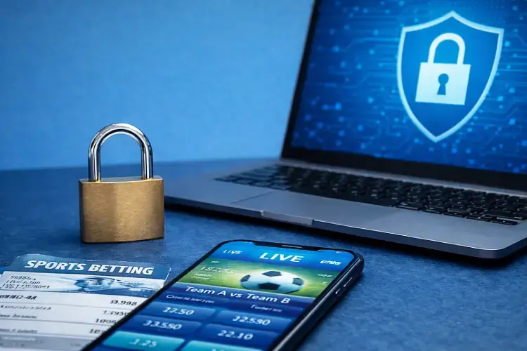 Online sports betting interface on a smartphone beside a security lock and laptop, illustrating access controls and self-exclusion safeguards.