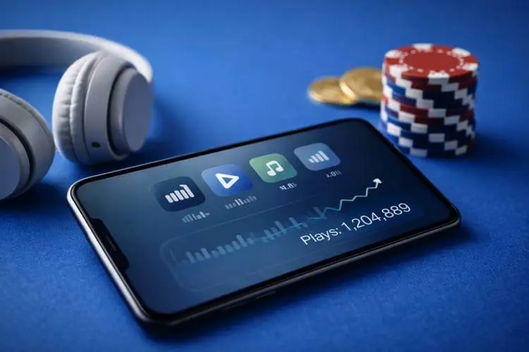 Studio image showing music streaming activity alongside casino elements on a blue background